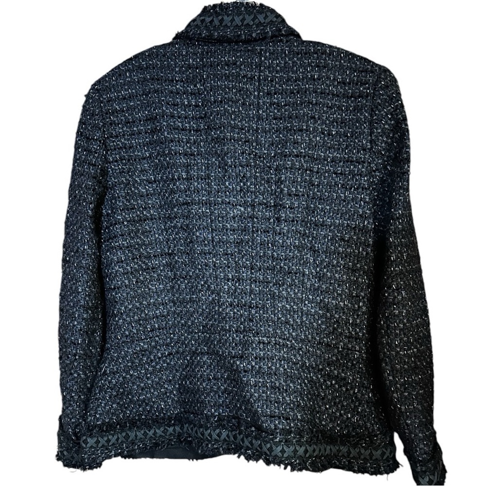 Elie Tahari Sz 10 Navy blue Black Tweed Blazer Jacket Ruffle collar trim - Picture 3 of 8